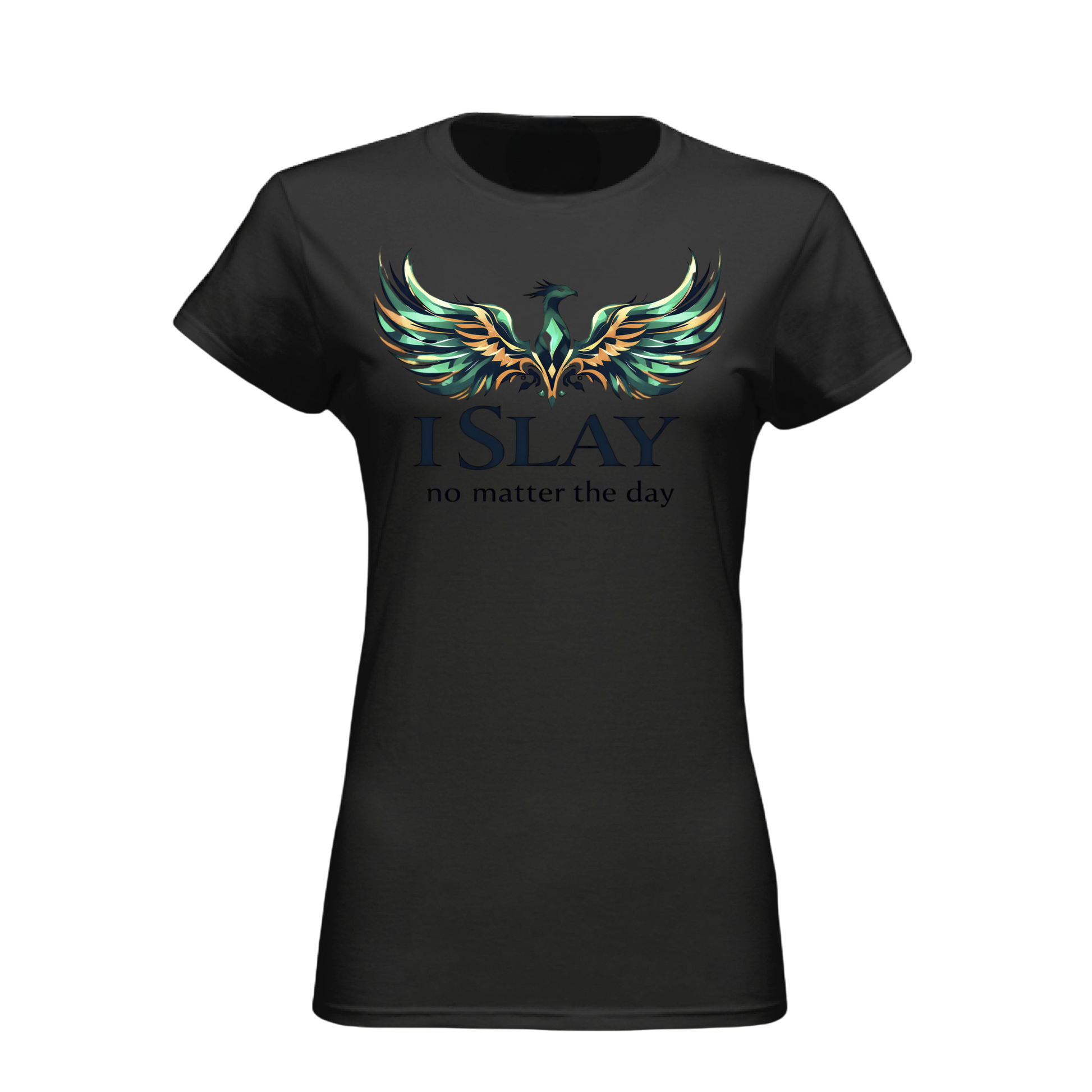 Black t-shirt with a colorful phoenix design and text on a white background