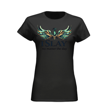 Black t-shirt with a colorful phoenix design and text on a white background
