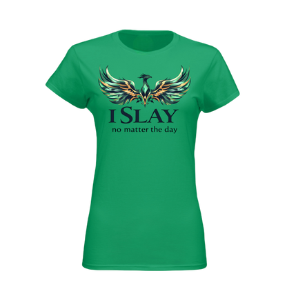 Green t-shirt with a phoenix design and text on a white background
