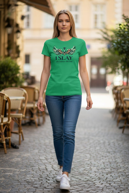 Woman wearing a green t-shirt with 'Islay' design walking on a street.