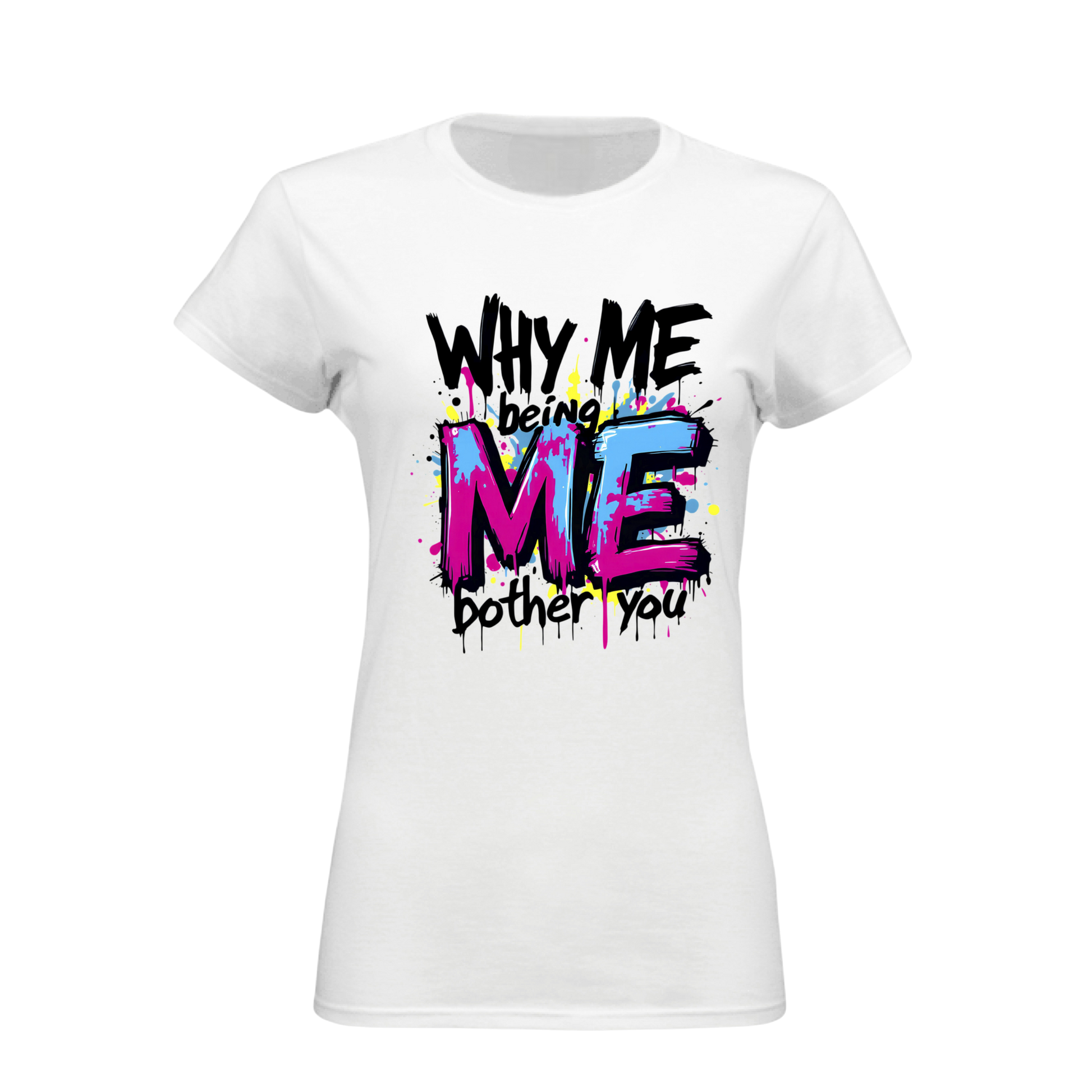 White t-shirt with colorful text design on a white background