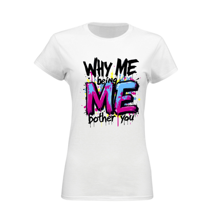 White t-shirt with colorful text design on a white background