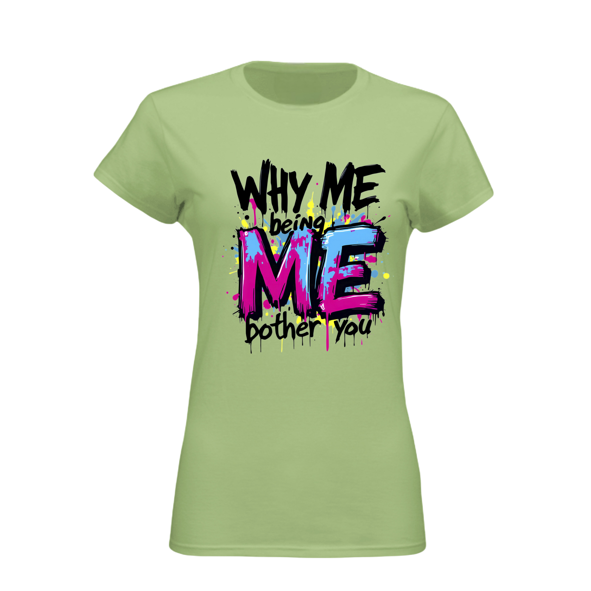 Light green t-shirt with colorful text design on a white background