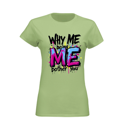 Light green t-shirt with colorful text design on a white background