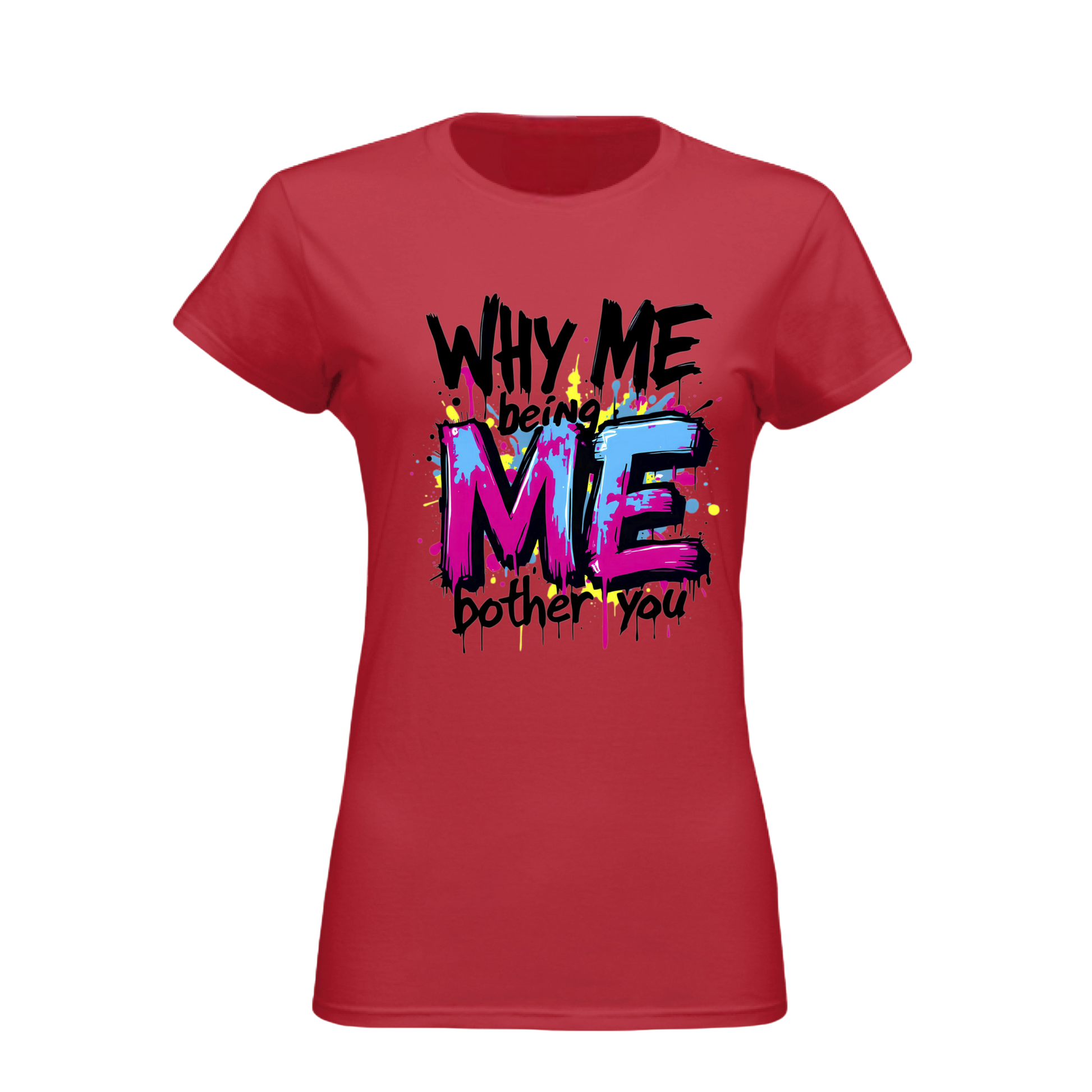 Red t-shirt with colorful text design on a white background