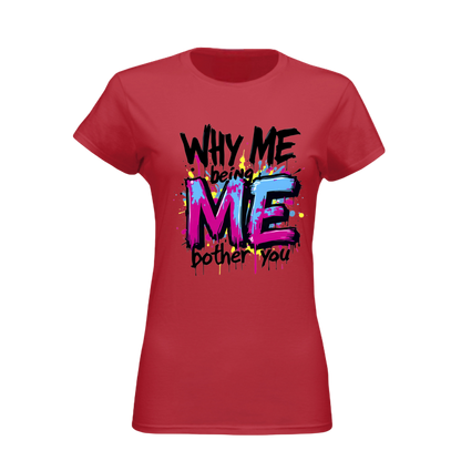 Red t-shirt with colorful text design on a white background