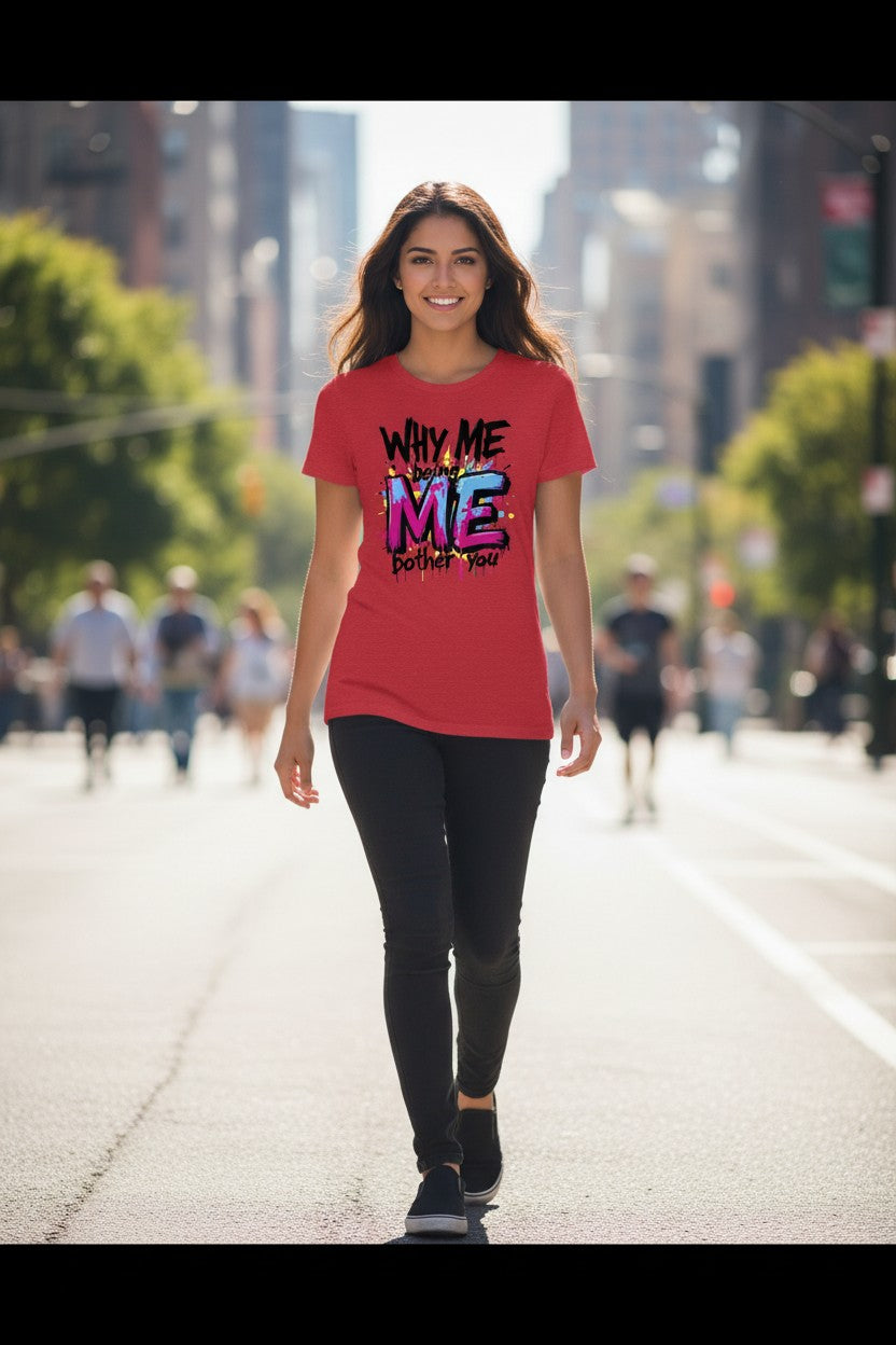 Woman wearing a red t-shirt with colorful text on a city street
