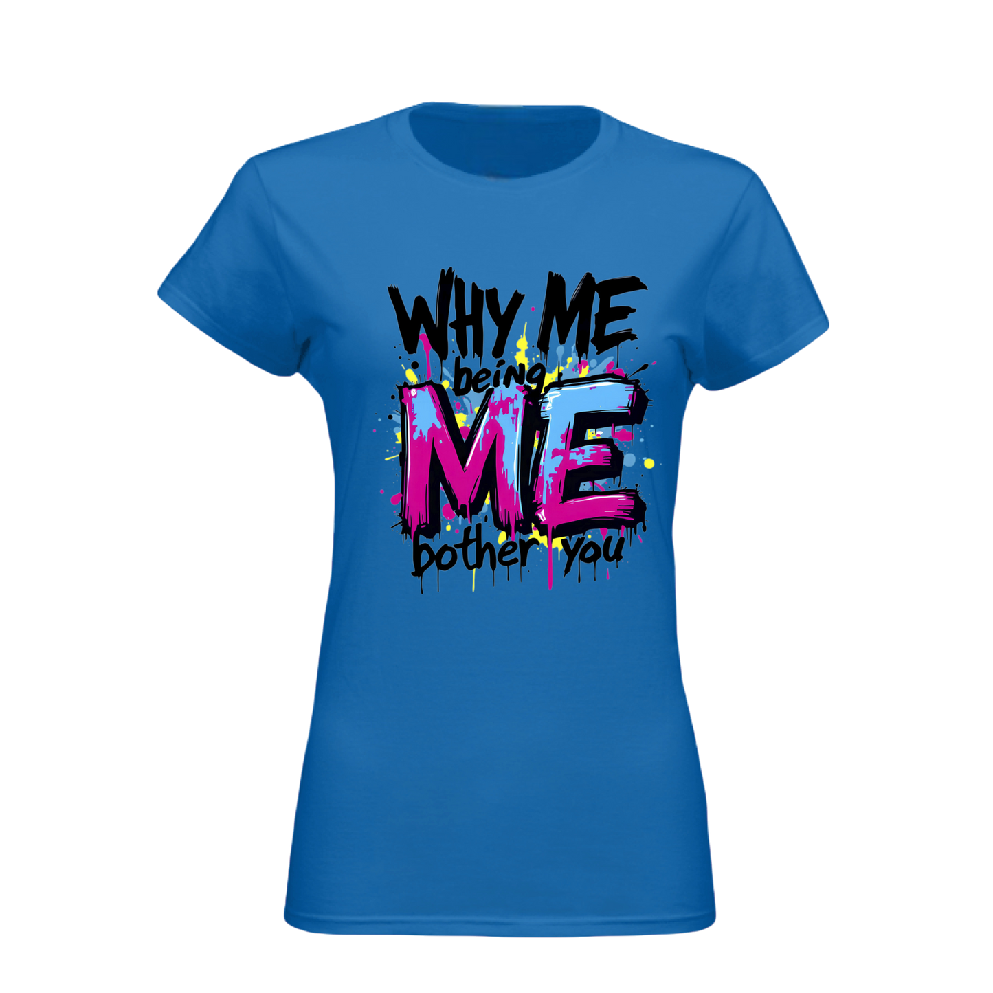 Blue t-shirt with colorful text design on a white background