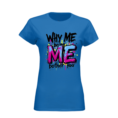 Blue t-shirt with colorful text design on a white background