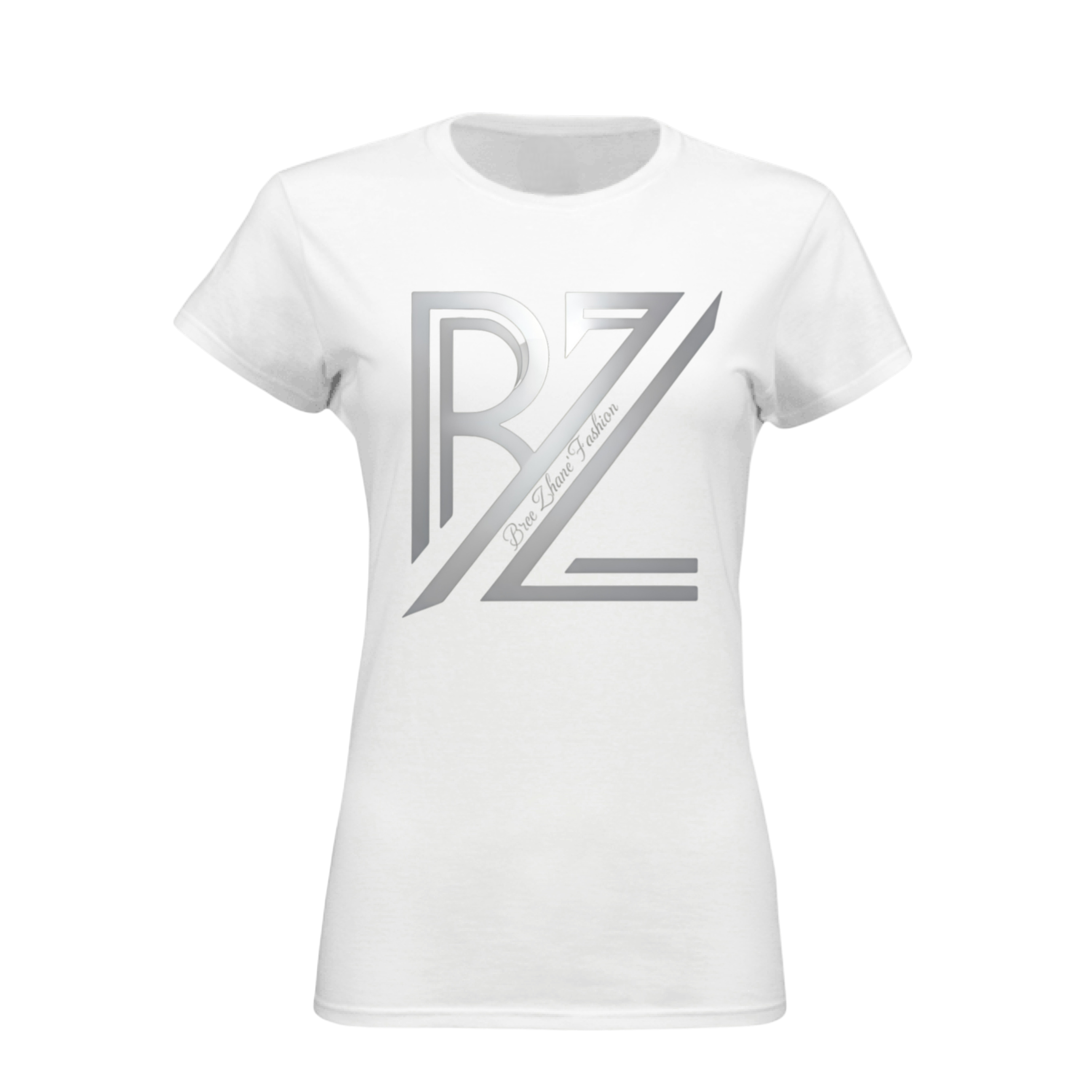 White t-shirt with a silver logo on a transparent background