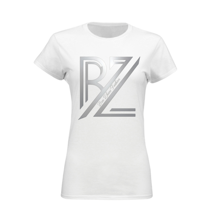 White t-shirt with a silver logo on a transparent background