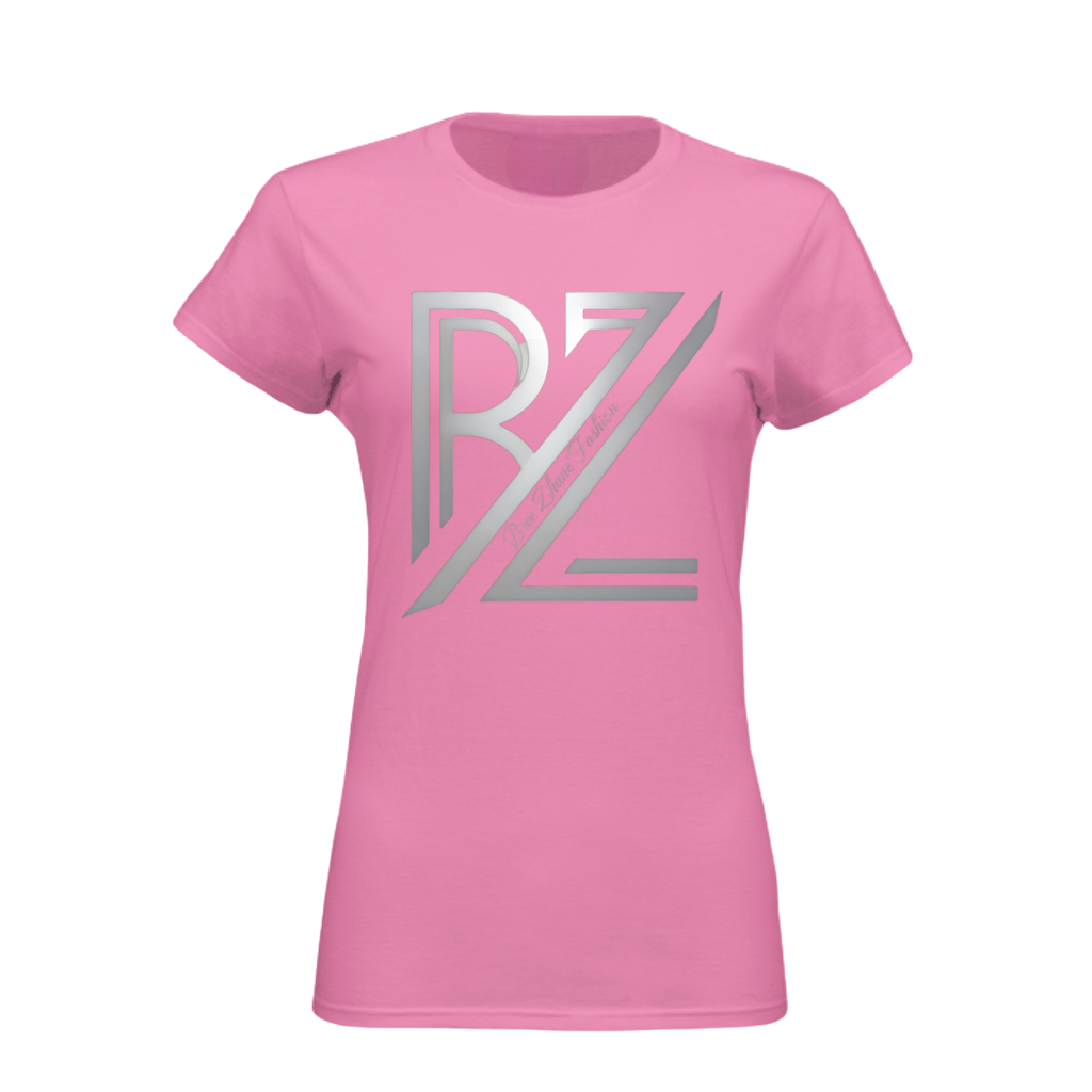 Pink t-shirt with a silver logo on a white background
