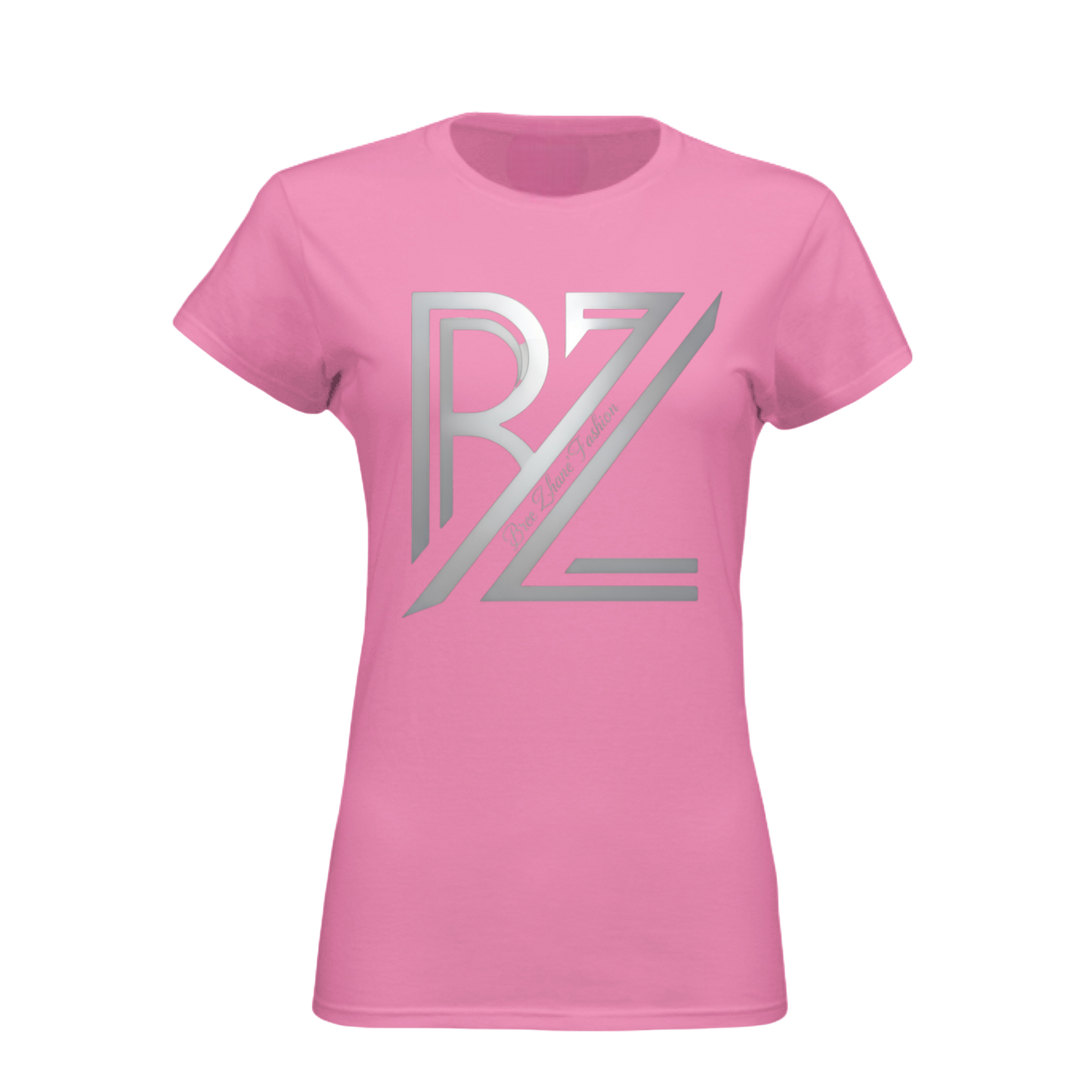 Pink t-shirt with a silver logo on a white background