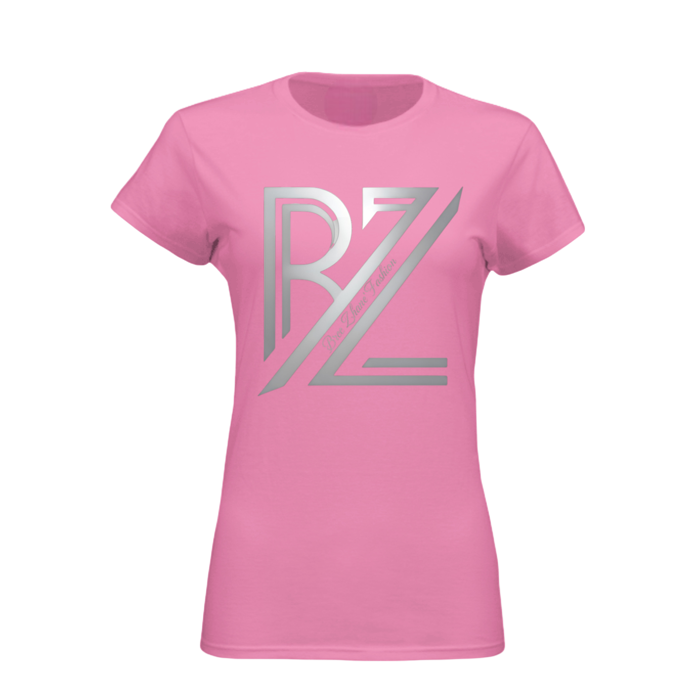 Pink t-shirt with a silver logo on a white background