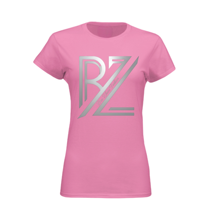 Pink t-shirt with a silver logo on a white background