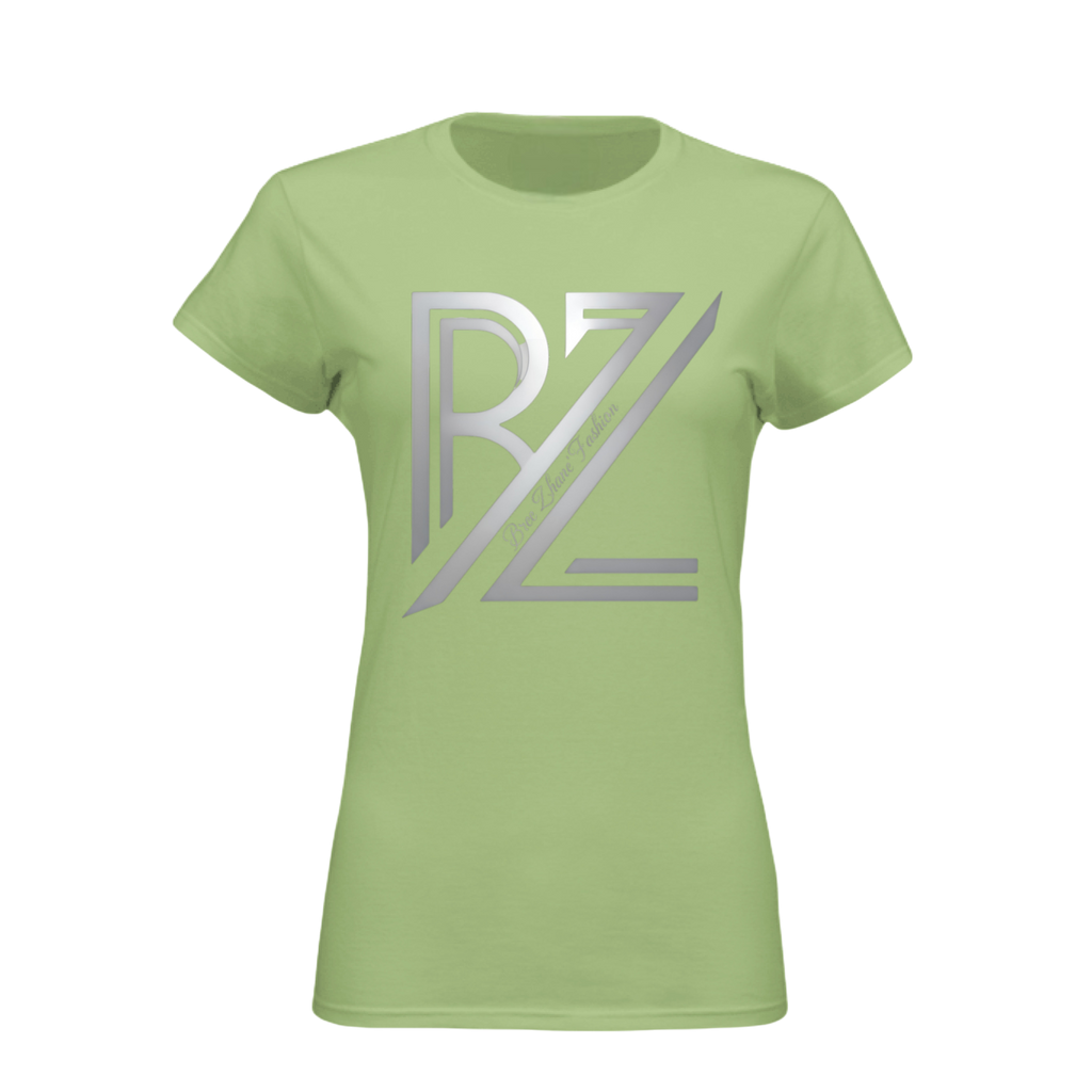 Light green t-shirt with a silver logo on a white background
