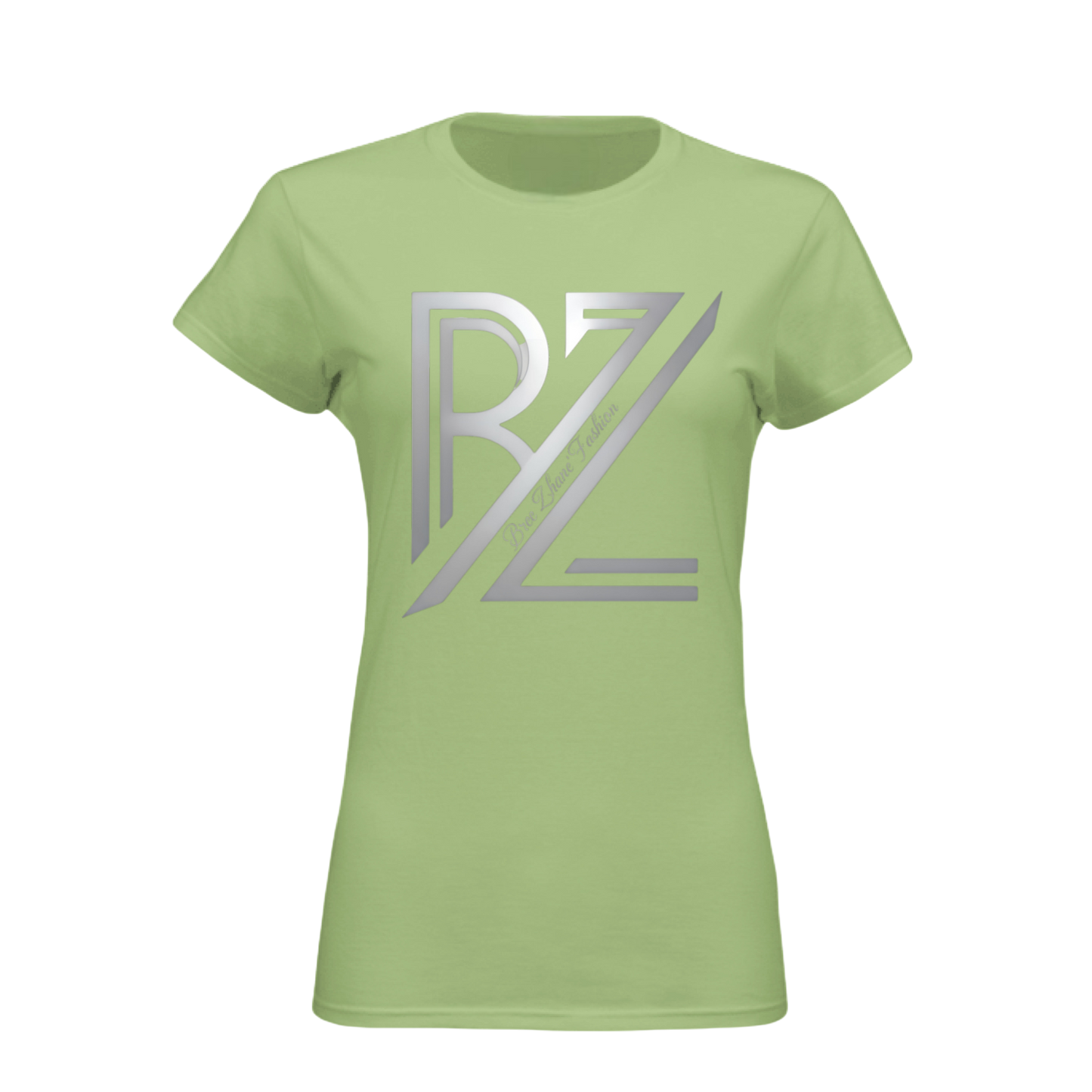 Light green t-shirt with a silver logo on a white background