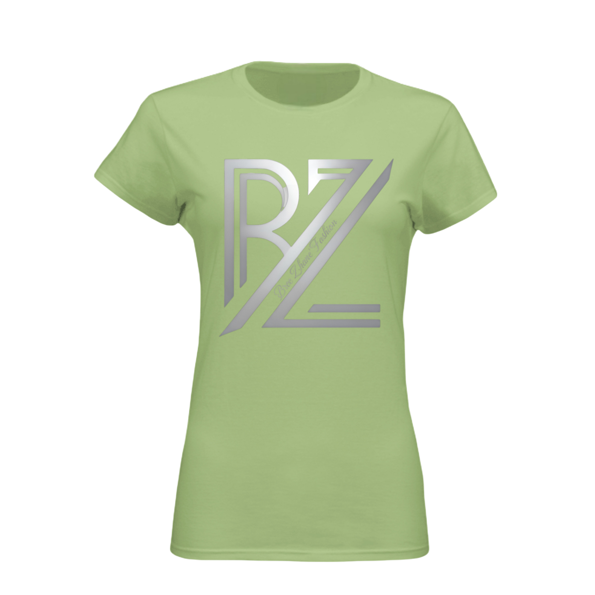 Light green t-shirt with a silver logo on a white background