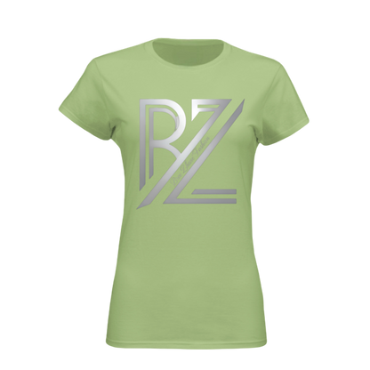 Light green t-shirt with a silver logo on a white background
