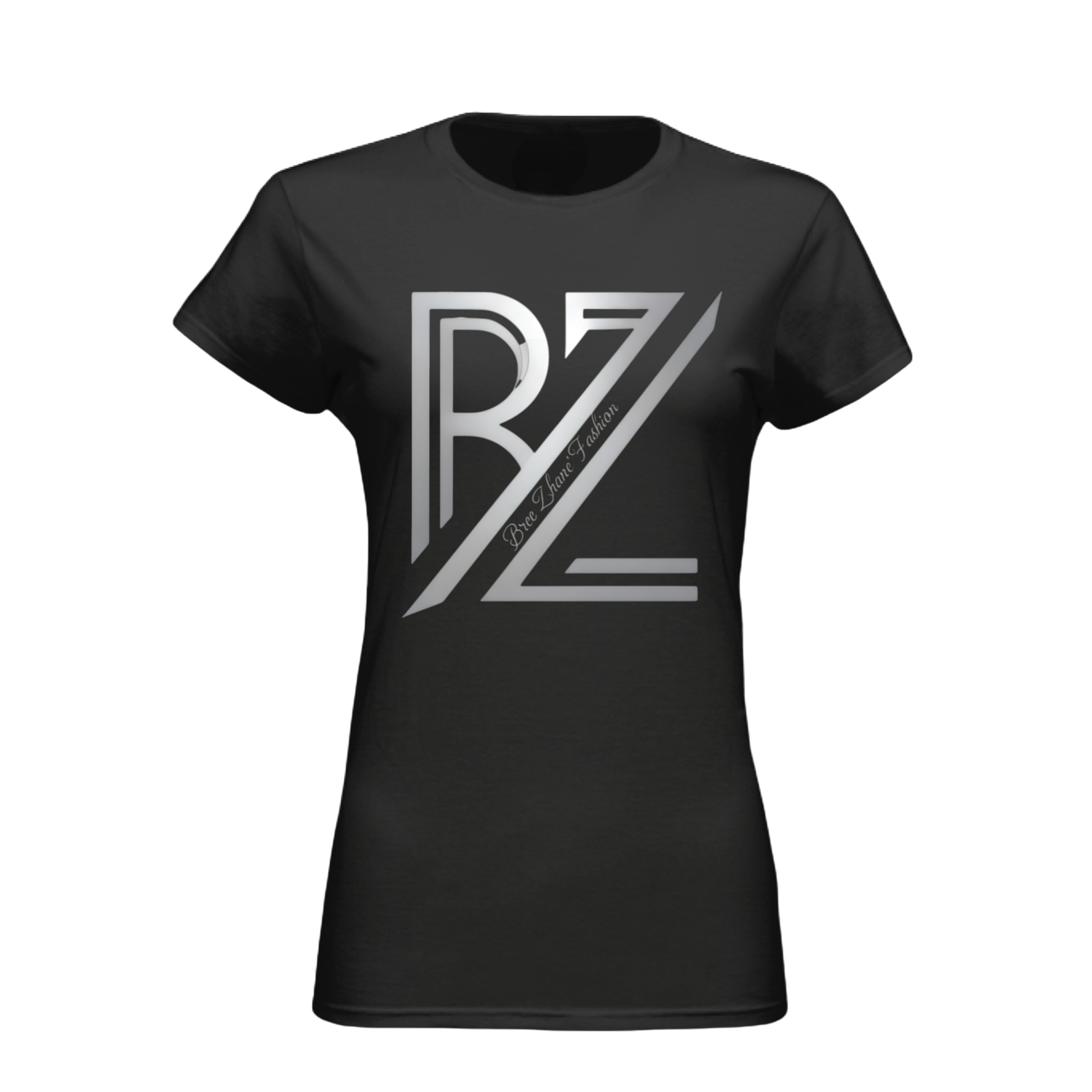 Black t-shirt with a white logo on a transparent background