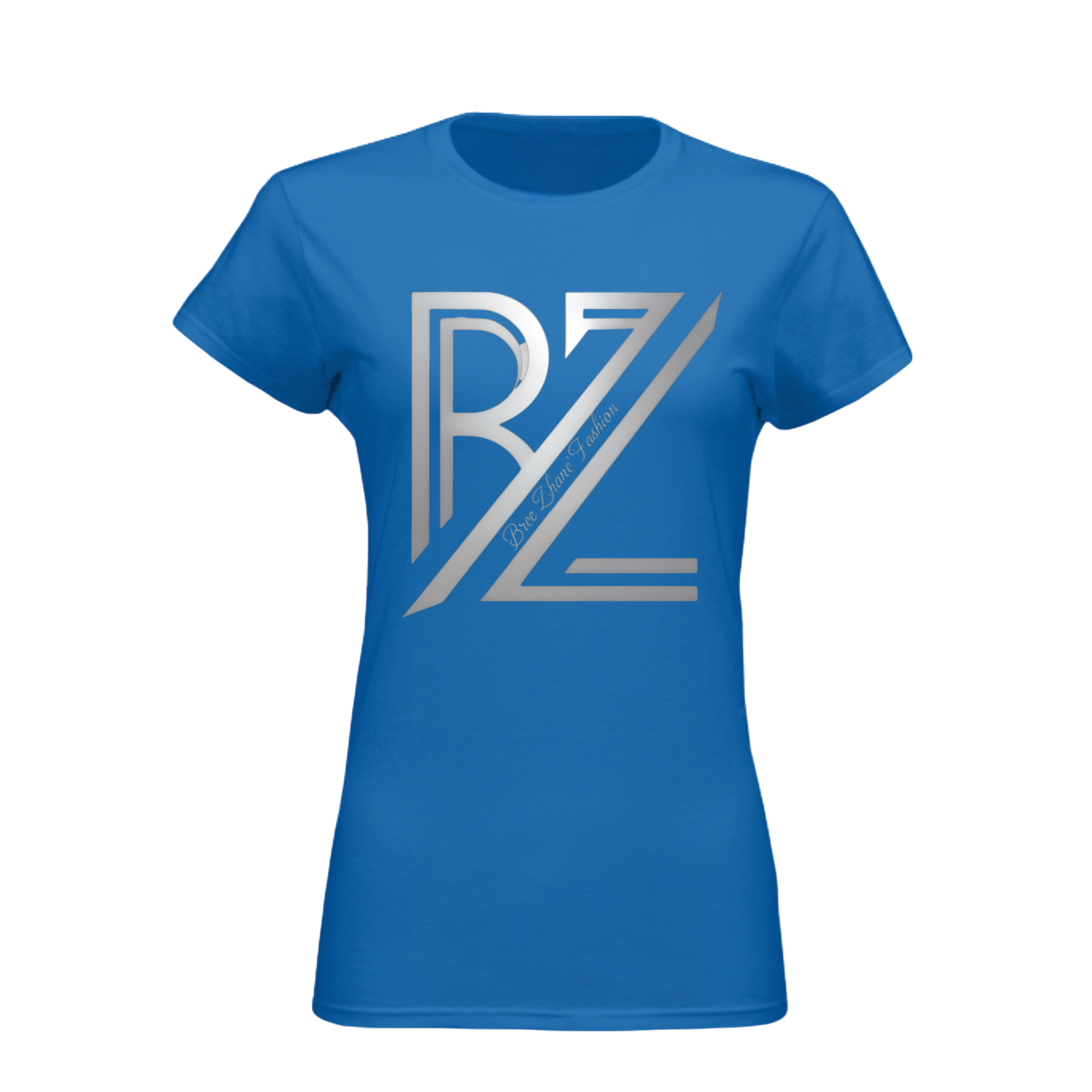 Blue t-shirt with silver logo on a transparent background