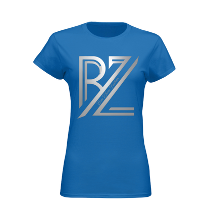 Blue t-shirt with silver logo on a transparent background