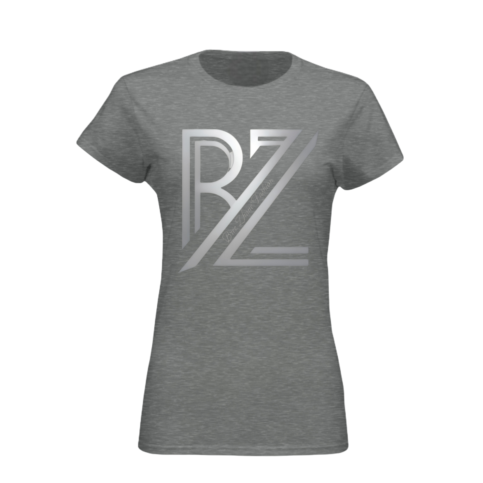 Gray t-shirt with a logo on a white background