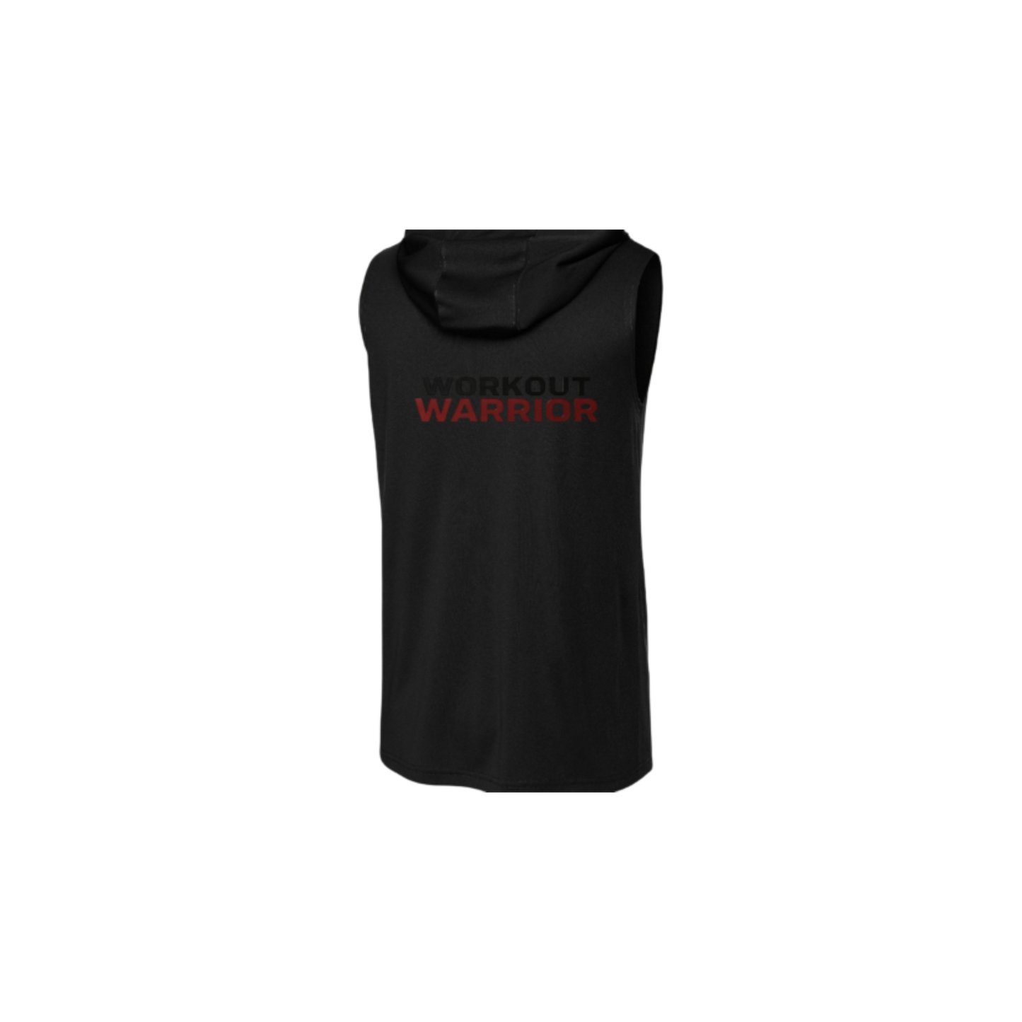 Black sleeveless hoodie with 'Workout Warrior' text on a white background