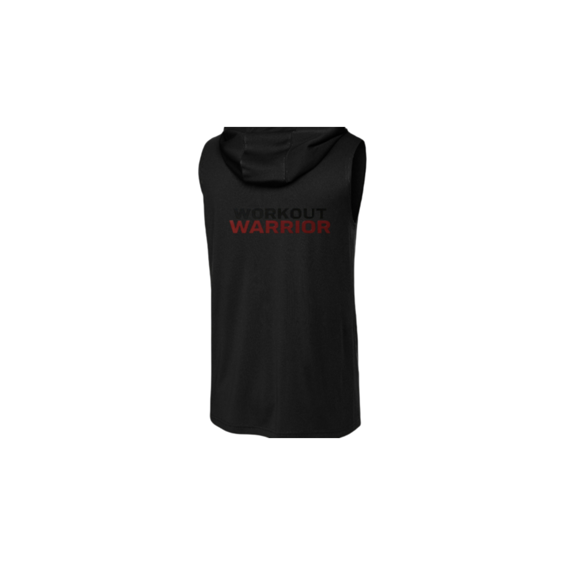 Black sleeveless hoodie with 'Workout Warrior' text on a white background