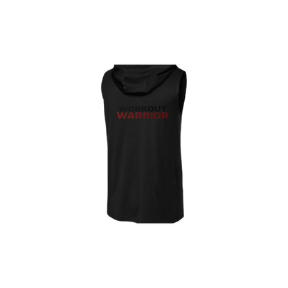 Black sleeveless hoodie with 'Workout Warrior' text on a white background