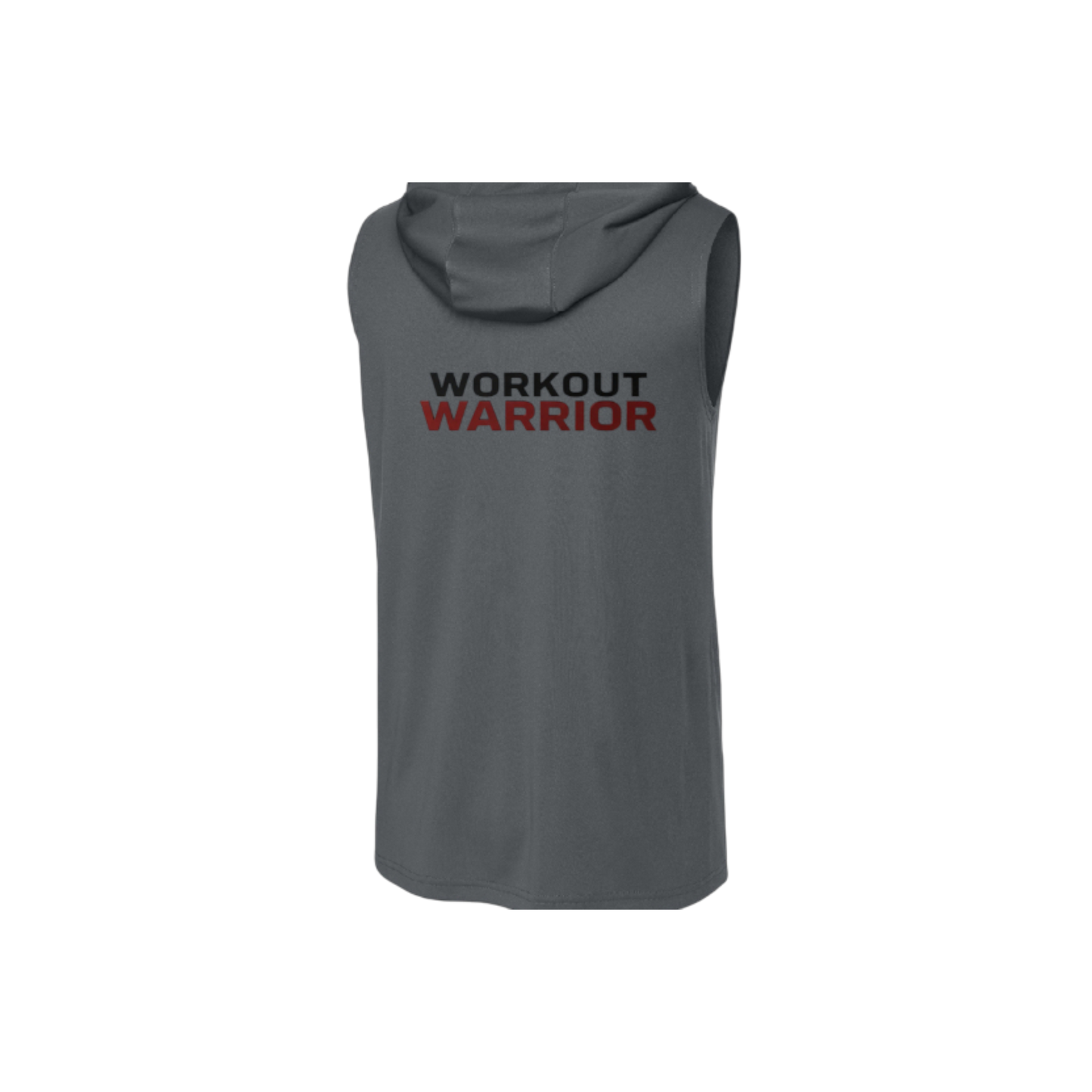 Gray sleeveless hoodie with 'Workout Warrior' text on a white background