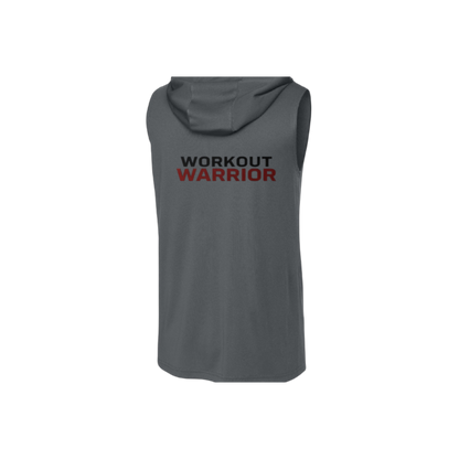 Gray sleeveless hoodie with 'Workout Warrior' text on a white background