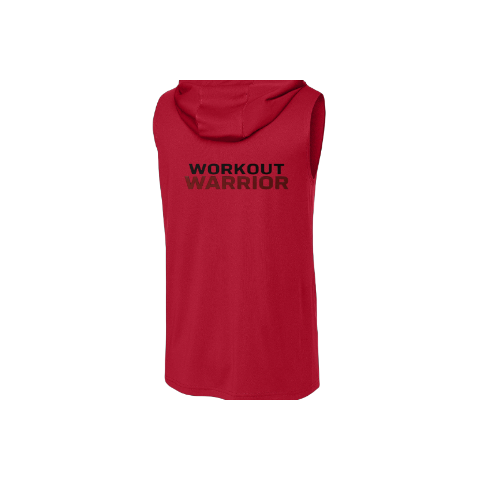 Red sleeveless hoodie with 'WORKOUT WARRIOR' text on a white background