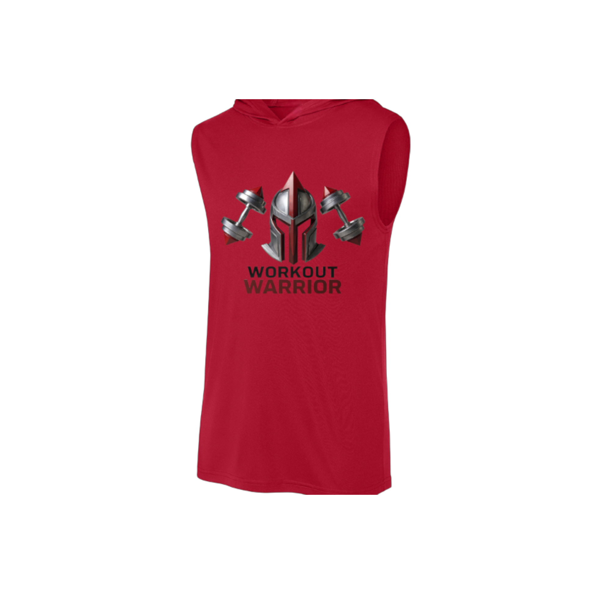 Red sleeveless shirt with 'Workout Warrior' design on a white background