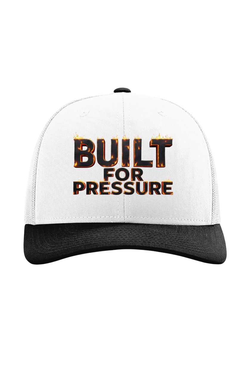 White and black cap with 'Built for Pressure' text on a white background