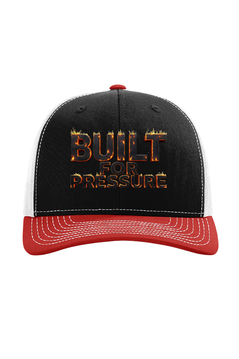 Black and red cap with 'Built for Pressure' text on a white background