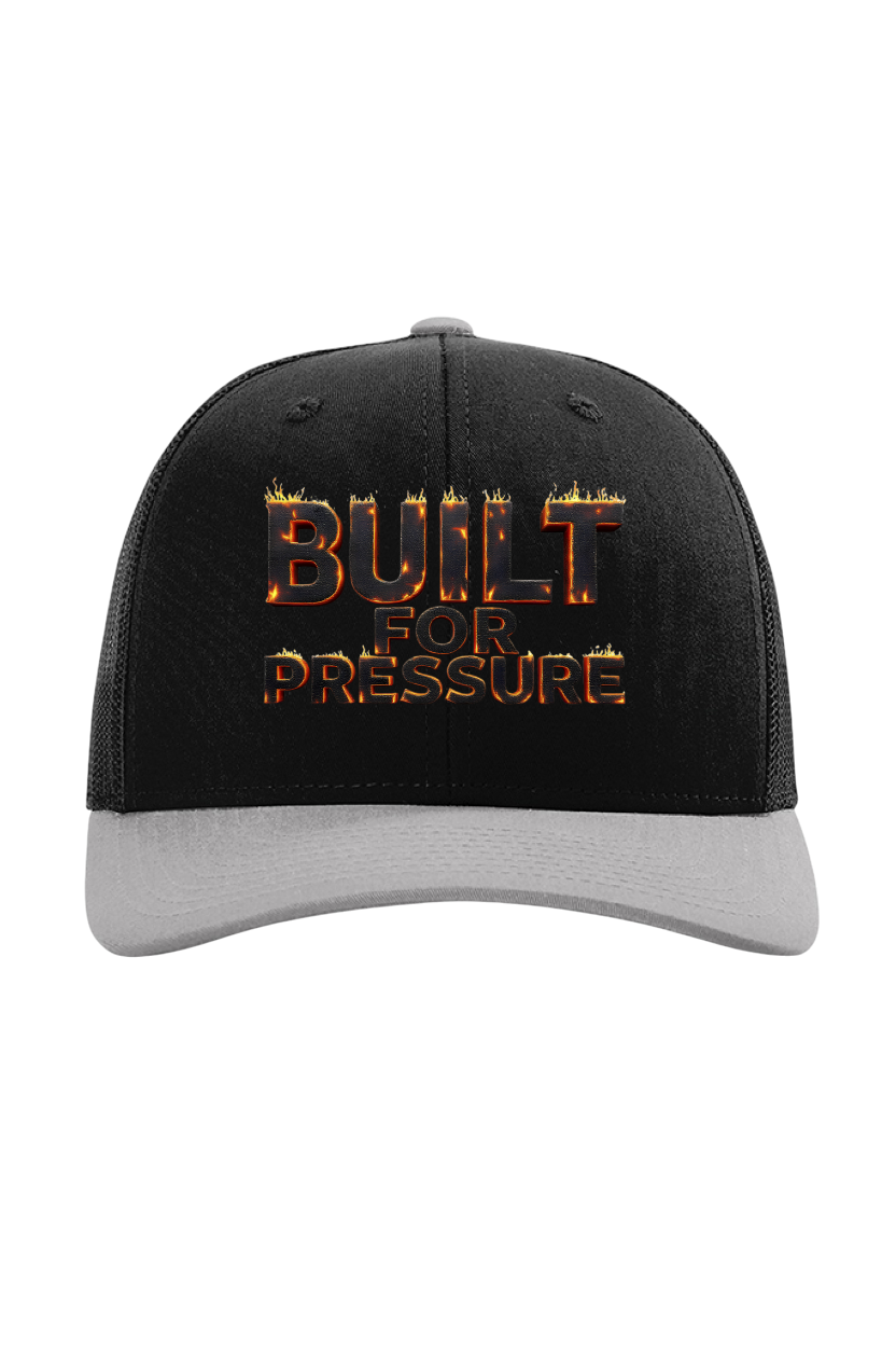 Black and gray cap with 'Built for Pressure' text on a white background