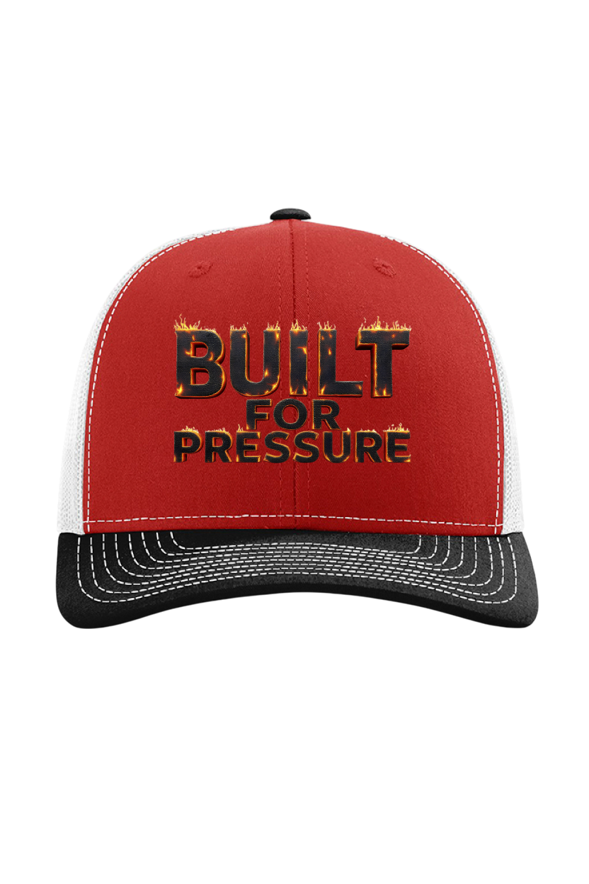 Red and black cap with 'Built for Pressure' text on a white background