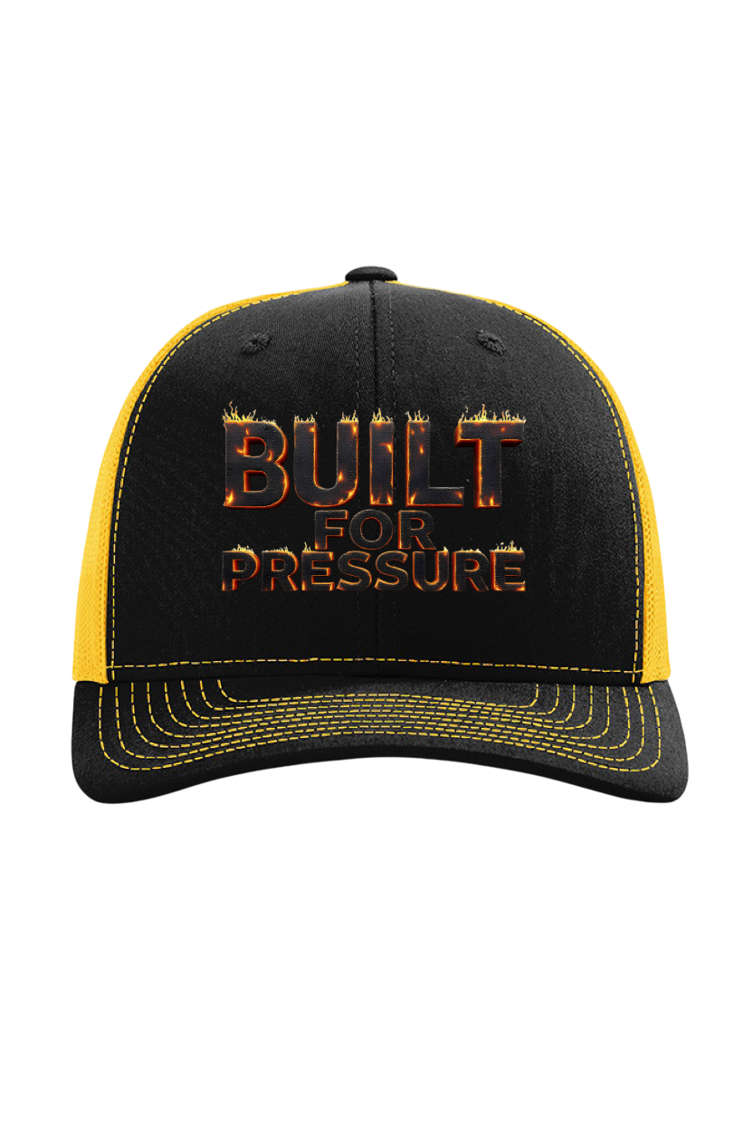 Black and yellow cap with 'Built for Pressure' text on a white background