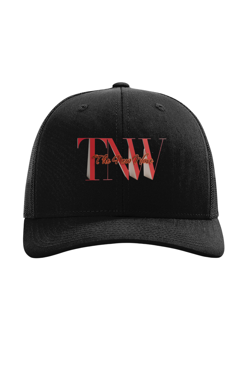 Black cap with red and white logo on a white background