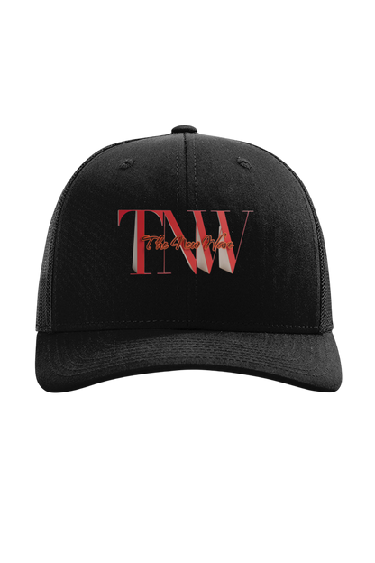 Black cap with red and white logo on a white background