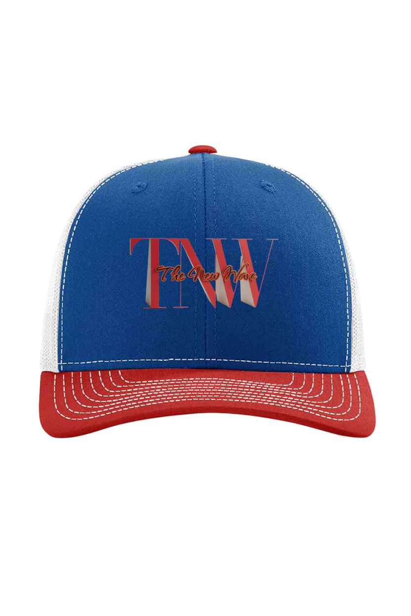 Blue and red cap with 'TNW' logo on a white background