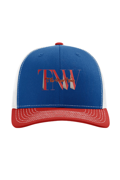 Blue and red cap with 'TNW' logo on a white background