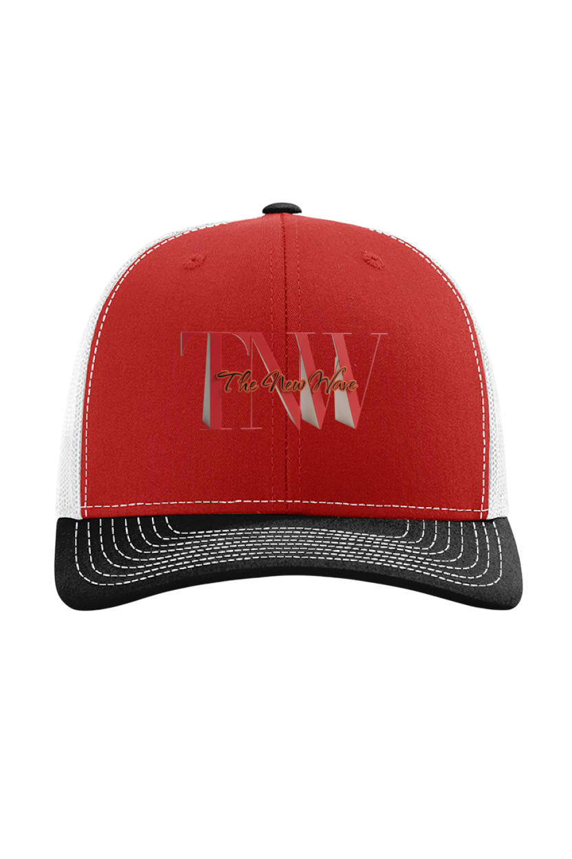 Red and white cap with black brim and embroidered logo on a white background