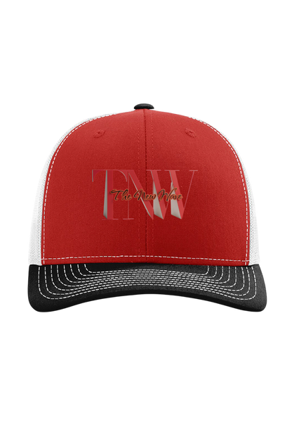 Red and white cap with black brim and embroidered logo on a white background