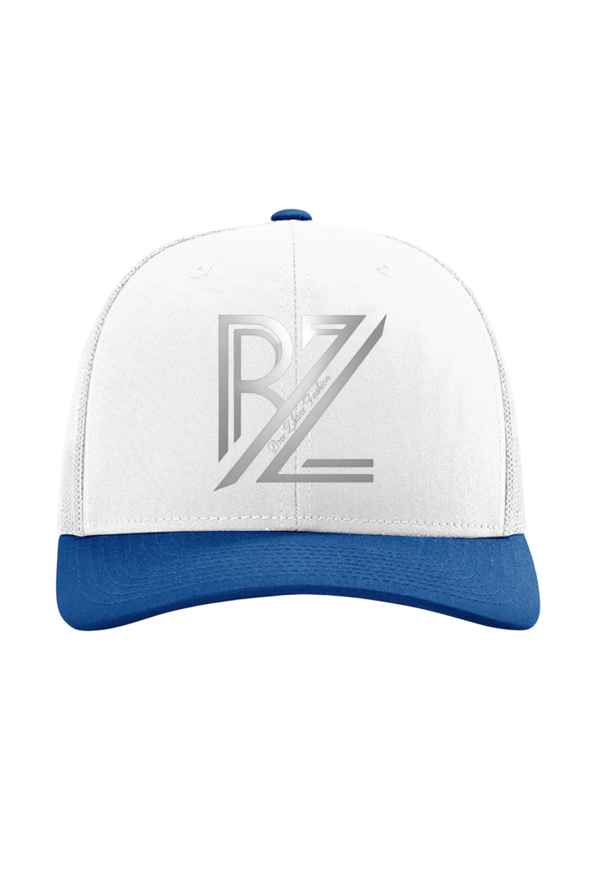 White and blue cap with a logo on a white background