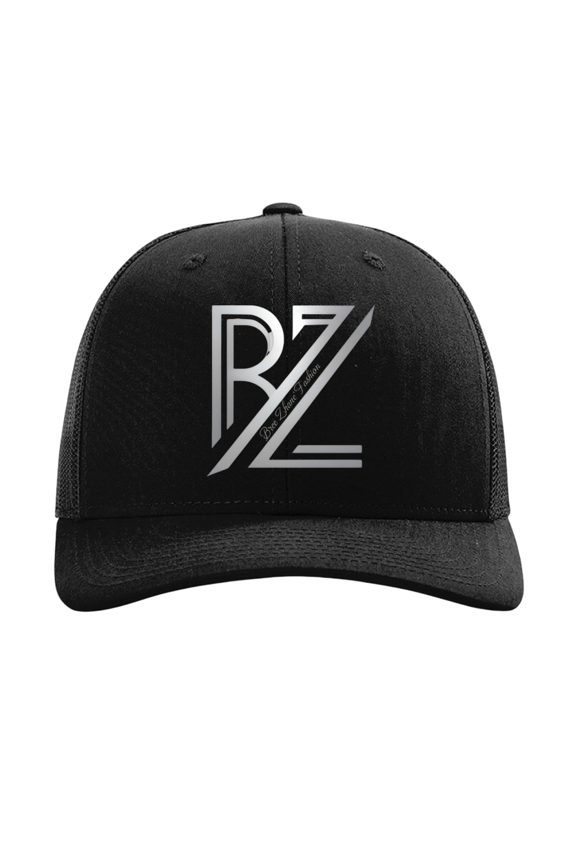 Black cap with a white logo on a white background