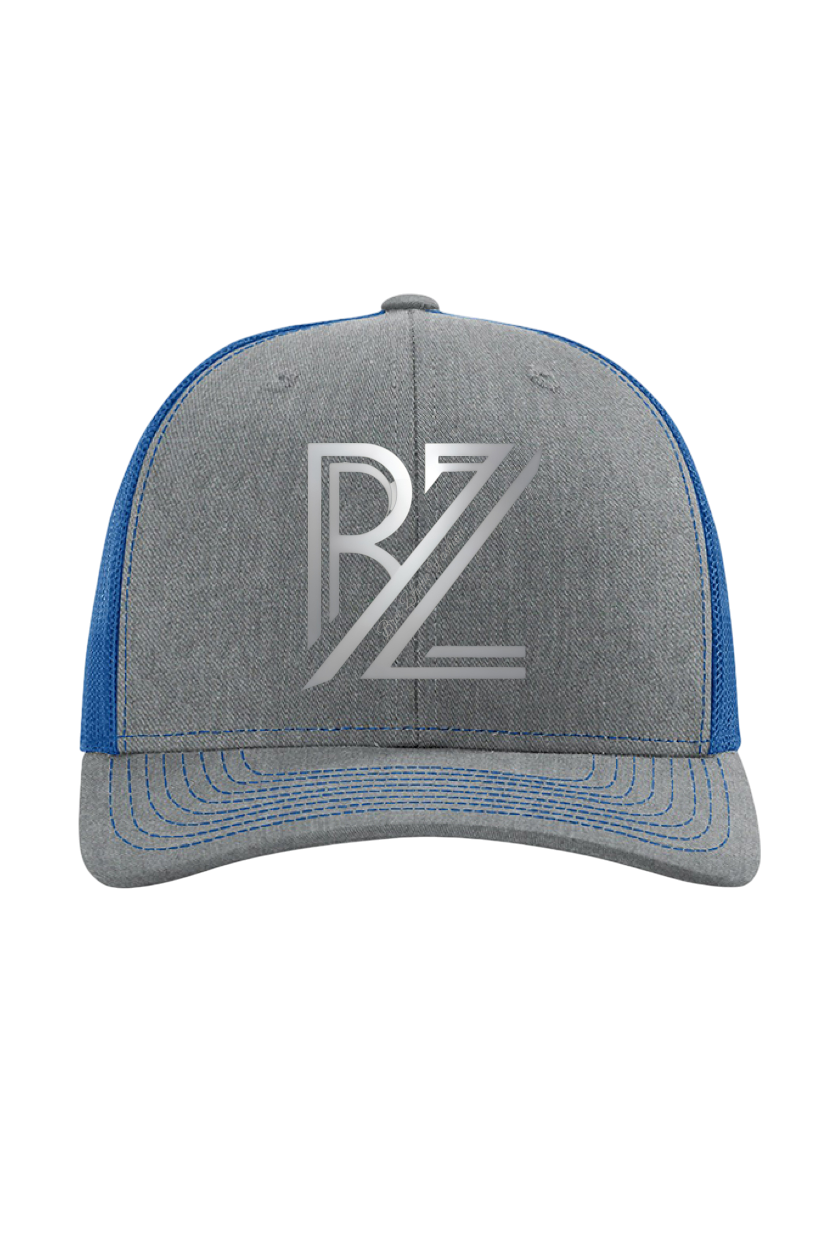 Gray and blue cap with a logo on a white background