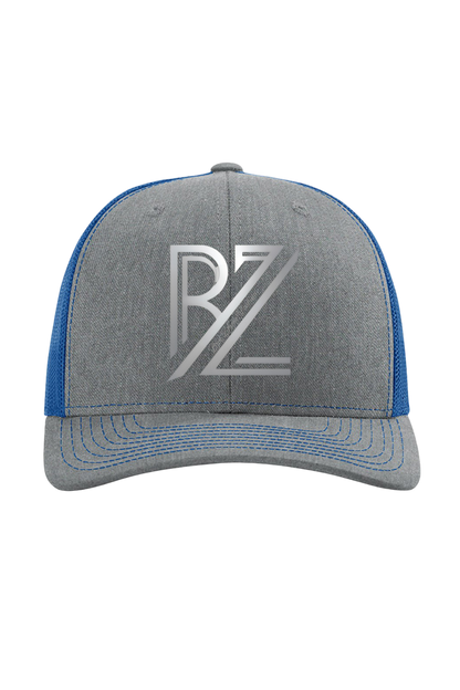 Gray and blue cap with a logo on a white background