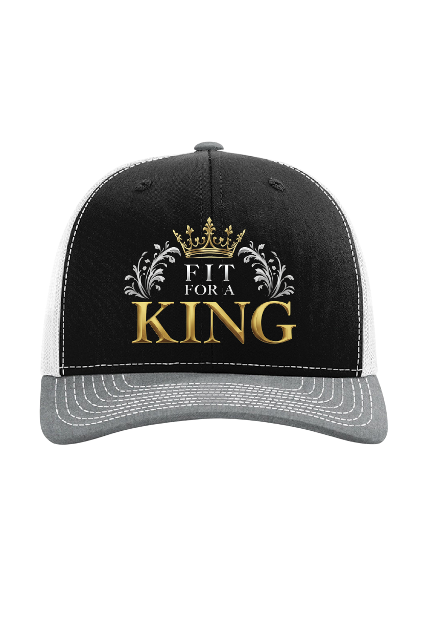 Black and gray cap with 'Fit for a King' text and crown design on a white background